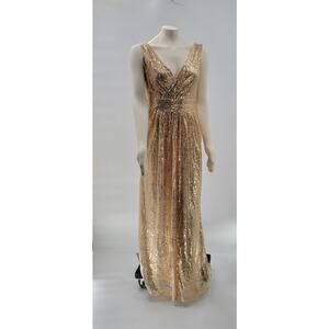 Kate Kasin Evening Gown Womens 8 Gold Sequined V-Neck Formal Prom Bridesmaid New